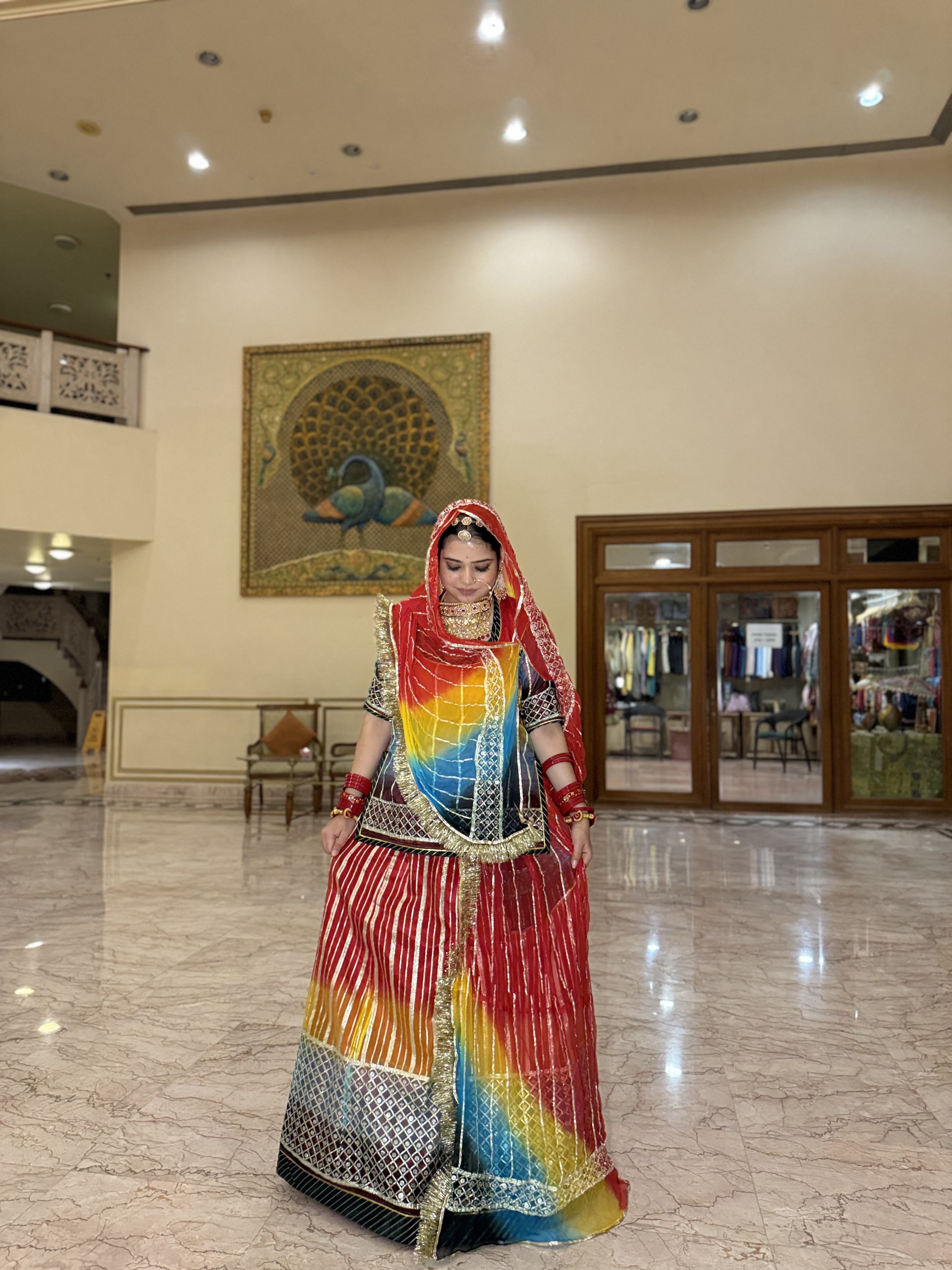 Vibrant Harmony: Four-Tone Organza Poshak Adorned with Gota Craftsmanship(Semi stich)
