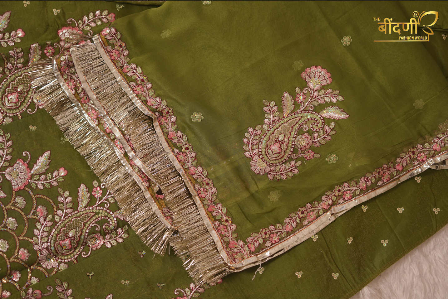Gulzari Olive Grace - Imported Chanderi Suit With Hamrahi Odhna