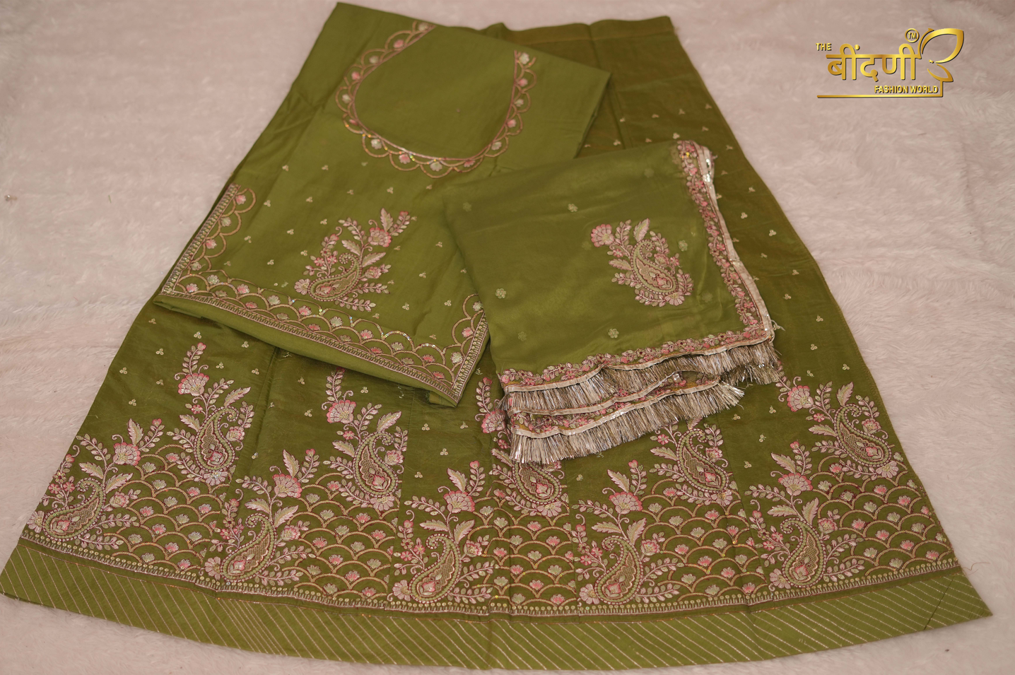 Gulzari Olive Grace - Imported Chanderi Suit With Hamrahi Odhna