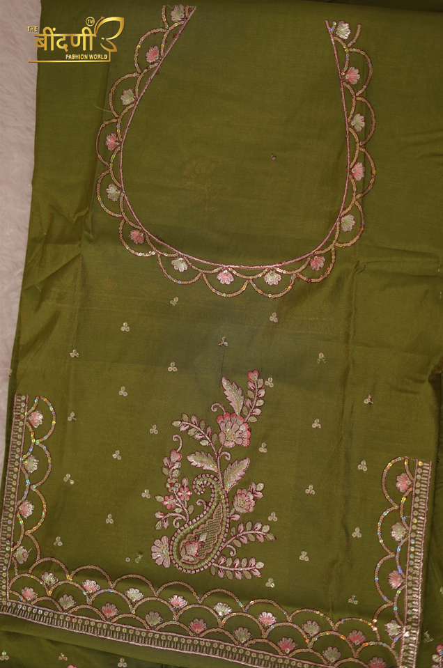 Gulzari Olive Grace - Imported Chanderi Suit With Hamrahi Odhna