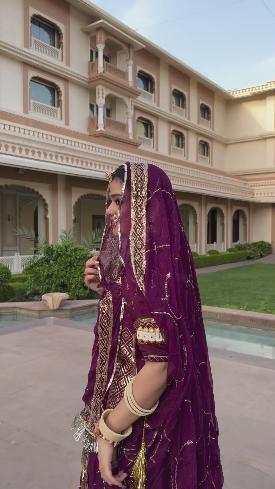 Elegance Enrobed: Wine Upada Poshak with Golden Sequin Embellishments