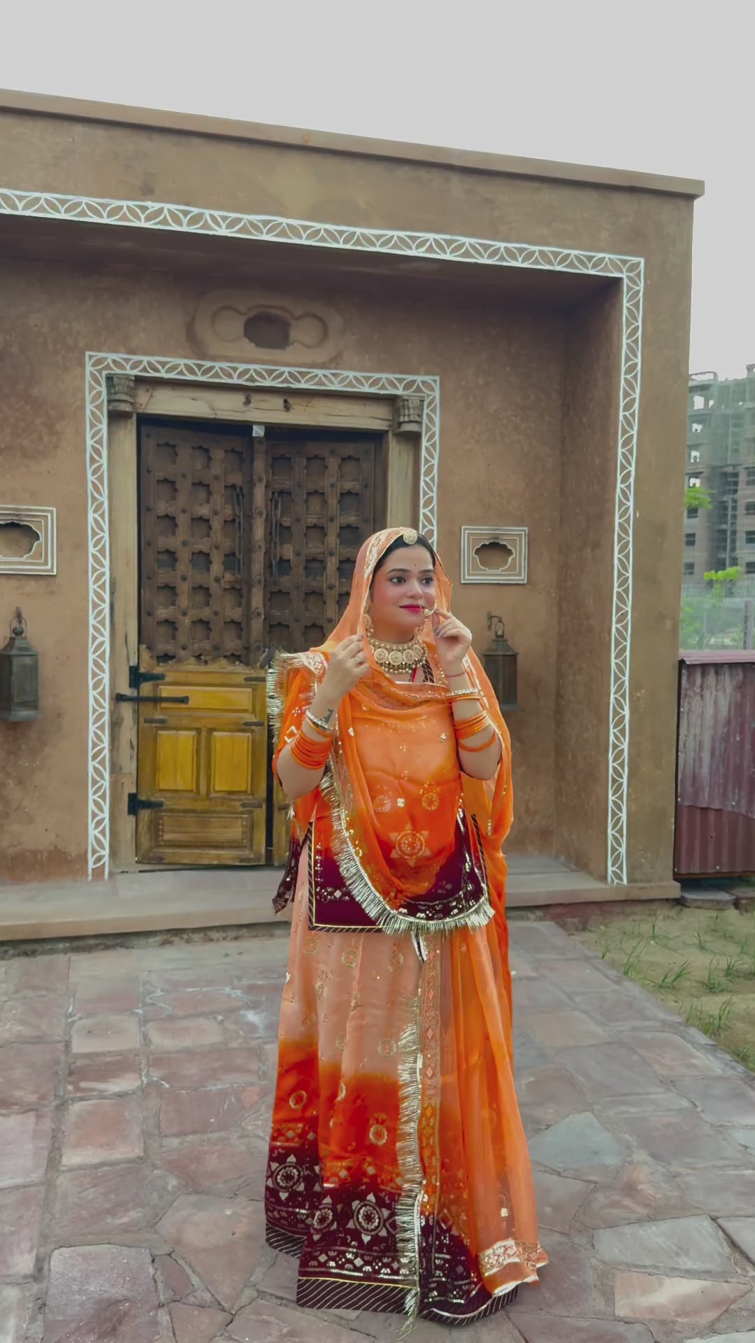 Bindani Vibrant Three-Color Orange Upada Poshak