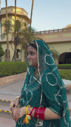 Exquisite Teal Satin Gota Work Poshak: Timeless Elegance and Artistry(Semi stich)