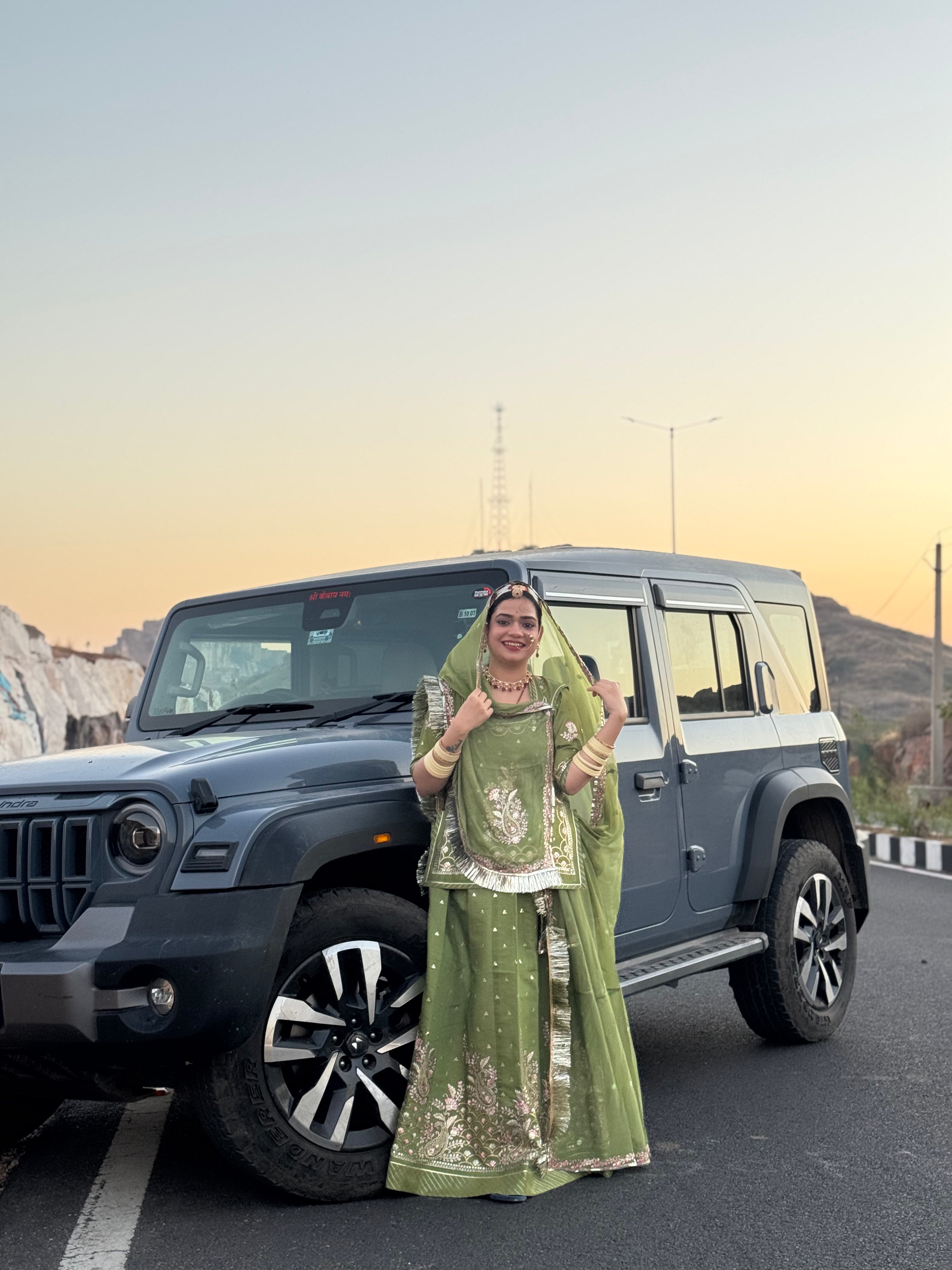 Gulzari Olive Grace - Imported Chanderi Suit With Hamrahi Odhna