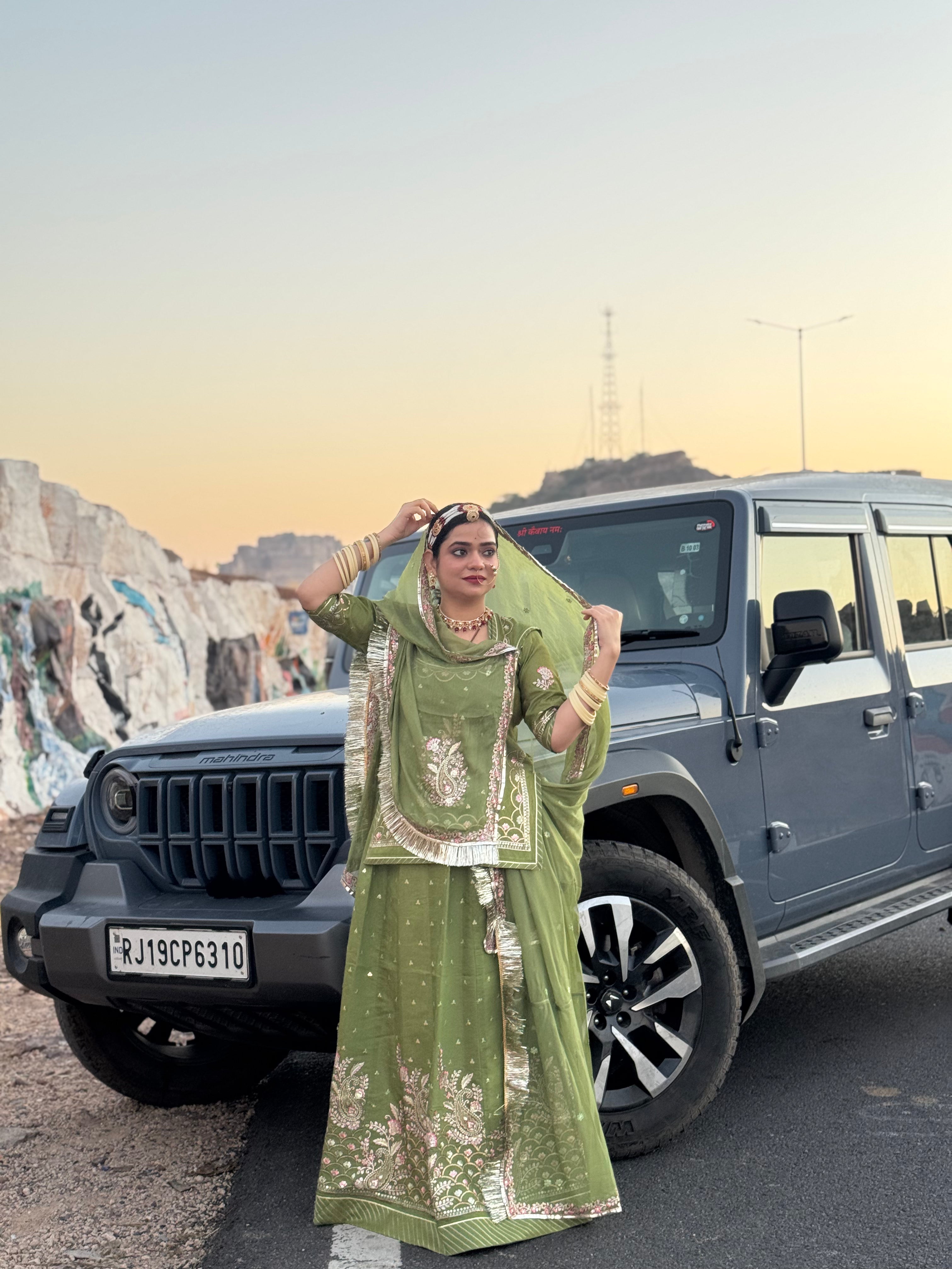 Gulzari Olive Grace - Imported Chanderi Suit With Hamrahi Odhna