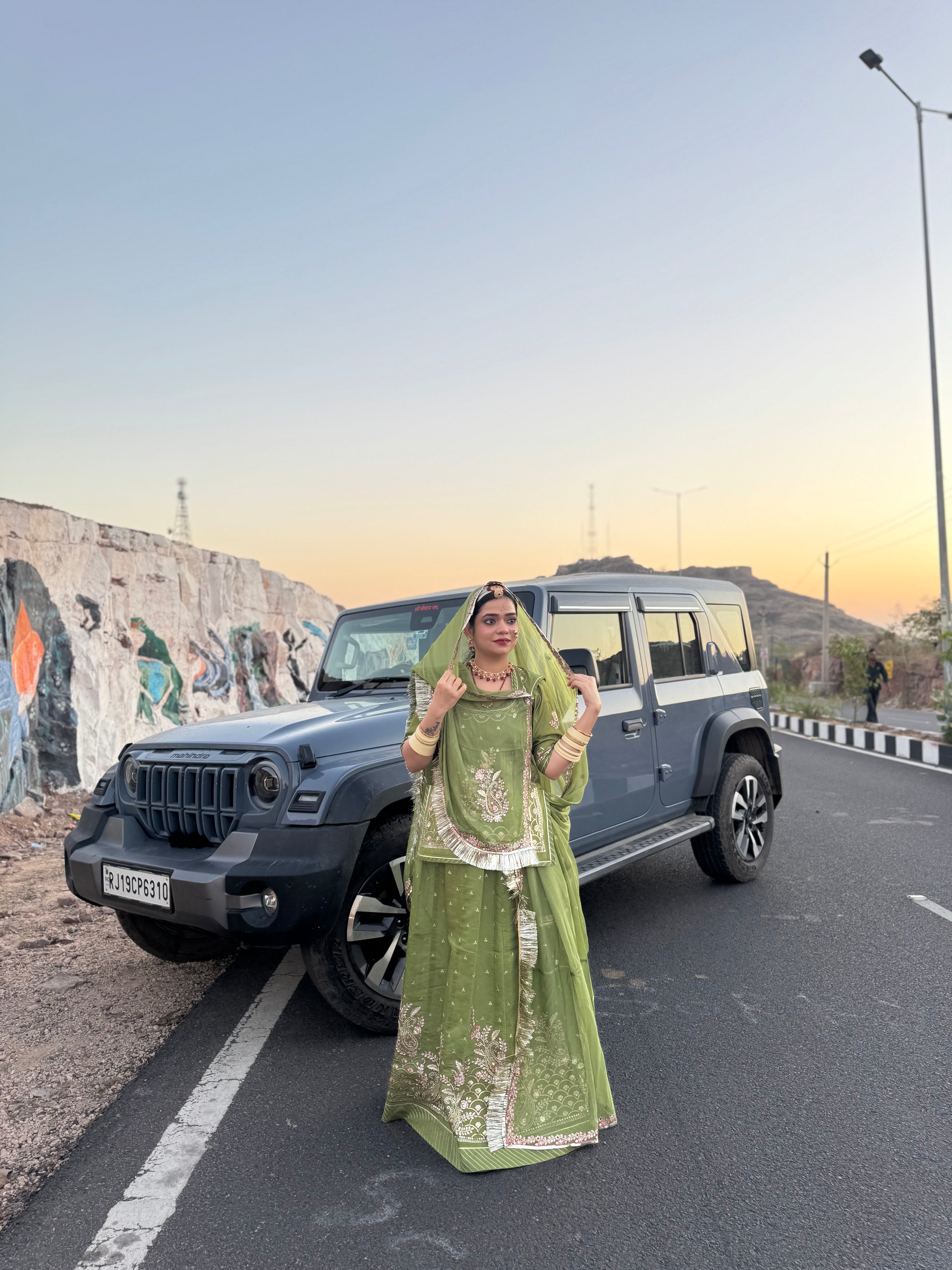 Gulzari Olive Grace - Imported Chanderi Suit With Hamrahi Odhna